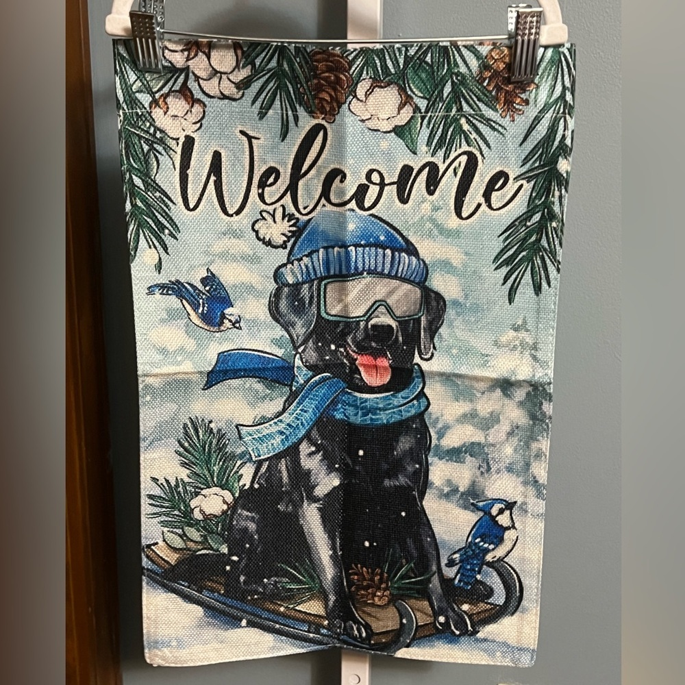🇺🇸 $5 🇺🇸 Winter Welcome with Black Dog and Blue Jays Canvas Flag 12.5 x 18.5